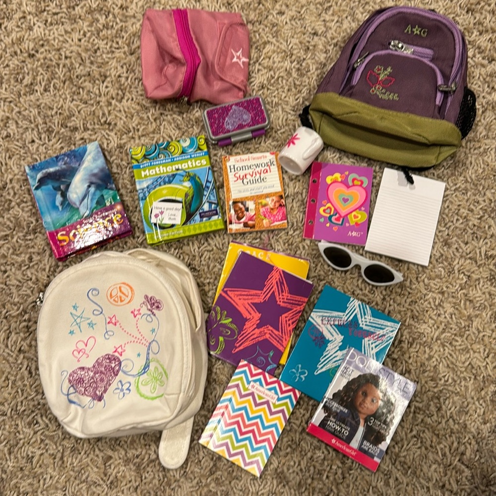 American Girl accessories lot backpacks, school books, sunglasses and more